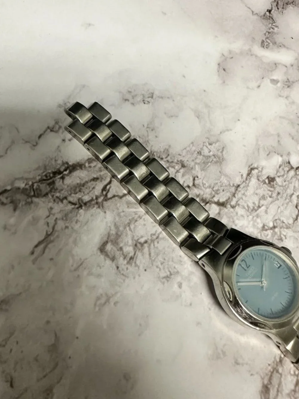 Timex Indiglo Watch Women Silver Tone Blue Dial Date Flawed bracelet Works